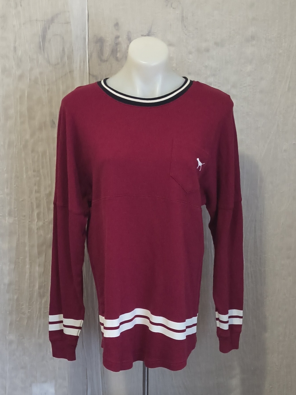Victoria's Secret Men's Burgundy Crewneck Sweater with White Stripe Trim